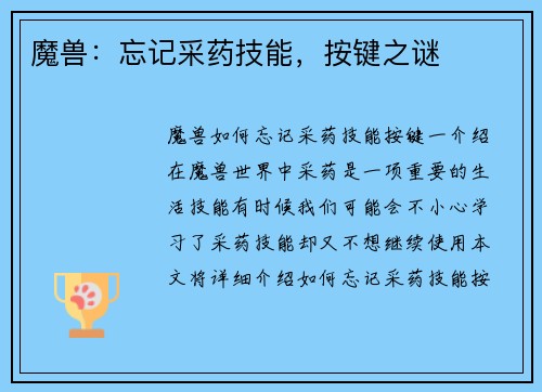 魔兽：忘记采药技能，按键之谜